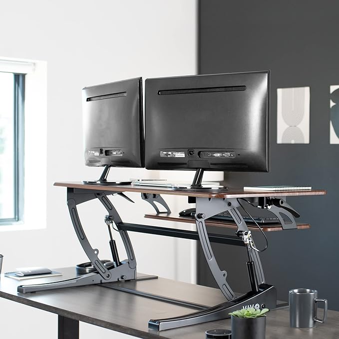VIVO 36 inch Height Adjustable Stand Up Desk Converter, V Series, Quick Sit to Stand Tabletop Dual Monitor Riser Workstation, Dark Walnut Top, Black Frame, DESK-V000VD