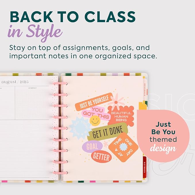 Happy Planner Disc-Bound 12-Month July 2025–June 2026 Planner with 3 Extra Months, Classic Size, Dashboard Layout, Just Be You, 7" x 9.25”