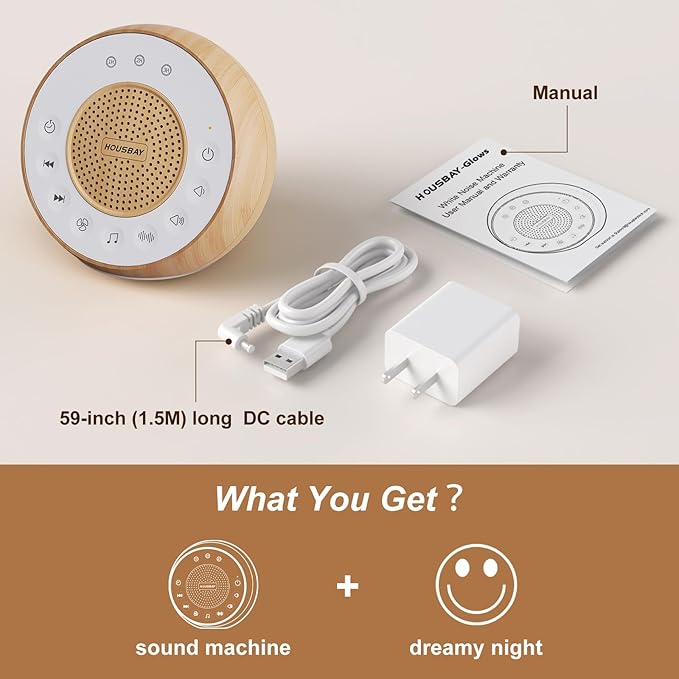 Housbay White Noise Sound Machine for Sleeping, 31 Soothing Sounds, Small Sleep Machine for Adults, Wood Grain Design for Bedroom & Noise Canceling