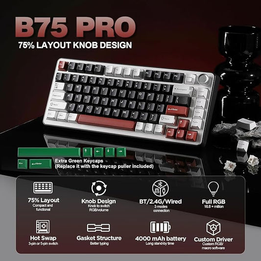 YUNZII B75 PRO Wireless Mechanical Keyboard,75% Layout with Knob,Hot Swap Gasket Custom Structure,Creamy Pre-lubed Switches,RGB Backlit,Bluetooth/Type-C/2.4G for Win/Mac(Blue Grey Switch,Black)