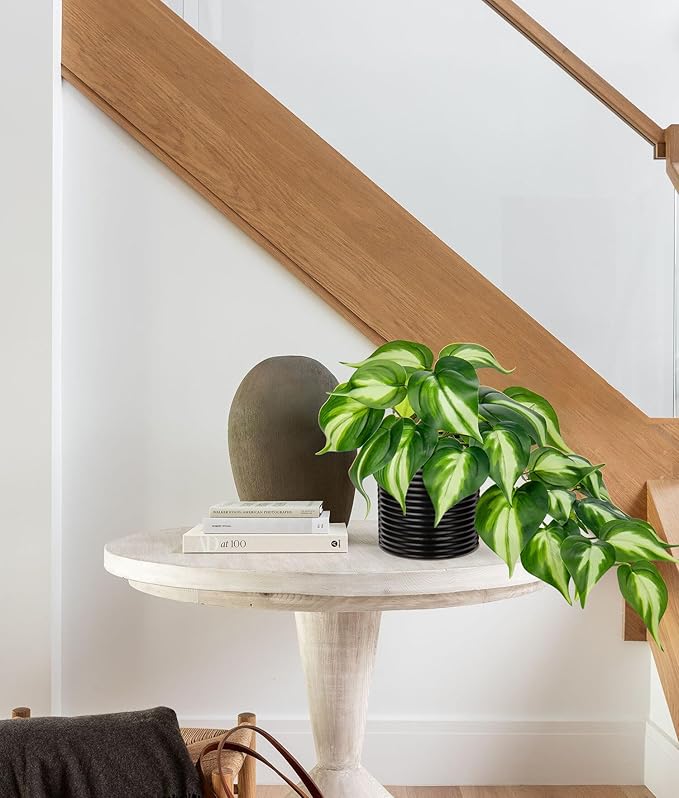 Hollyone Artificial Pothos Plants Potted Fake Ivy Plants in Black Ceramic Pot Faux Hanging Plants Indoor for Home Living Room Shelf Office Aesthetic Decor