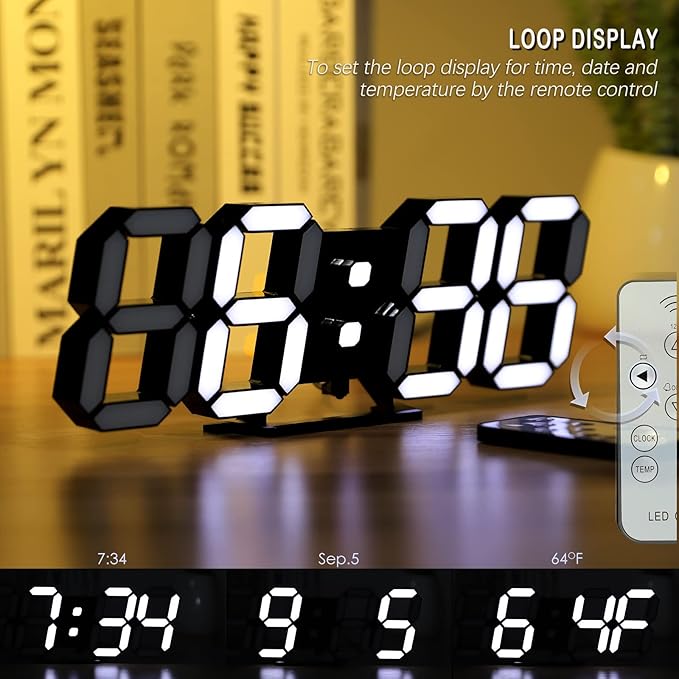 KOSUMOSU Digital Clock 3D LED Wall Clock for Living Room Decor 9.7" Alarm Clocks Black Clock Wall Decor Digital Wall Clock,Remote Control/Dimmer/Date/Temperature