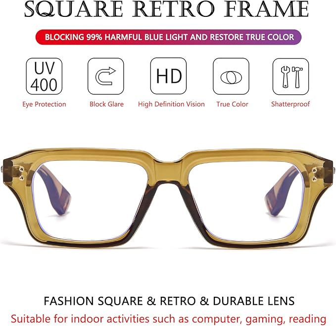 AIEYEZO Fashion Square Blue Light Glasses for Men Women Retro Thick Frame Blue Light Blocking Computer Glasses