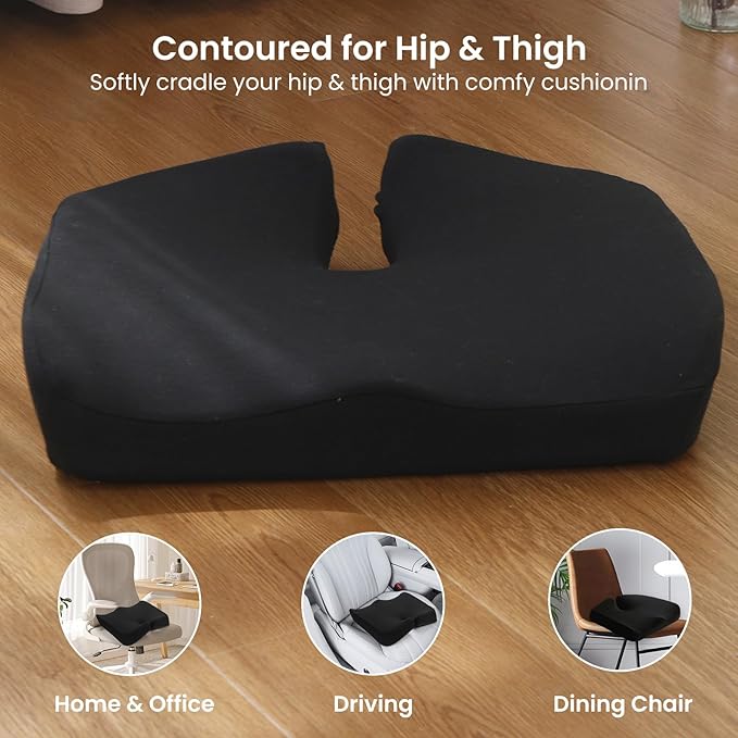 REDOFF®Extra Large Memory Seat Cushion 21.5 * 17.7 * 4inches– Cushion Pillow for Back Support Non-Slip Seat Pad for Office Desk, Car Seat, Wheelchair, Sciatica (Black)