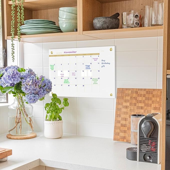 Glass Dry Erase Calendar Whiteboard for Walll, Small Monthly Calendar Glass White Board, 11.8"x15.7", Planner Board for Home, Office, School（ Monthly-WH-3040）