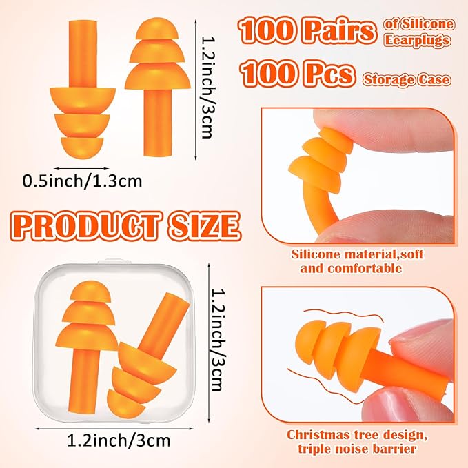 TrelaCo 100 Pairs Ear Plugs Bulk, NRR 29dB Reusable Silicone Ear Plugs with Plastic Cases Soft Foam for Sleeping Noise Cancelling for Concerts Shooting Swimming Noise Reduction(Orange)