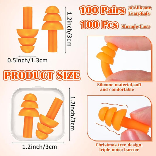 TrelaCo 100 Pairs Ear Plugs Bulk, NRR 29dB Reusable Silicone Ear Plugs with Plastic Cases Soft Foam for Sleeping Noise Cancelling for Concerts Shooting Swimming Noise Reduction(Orange)