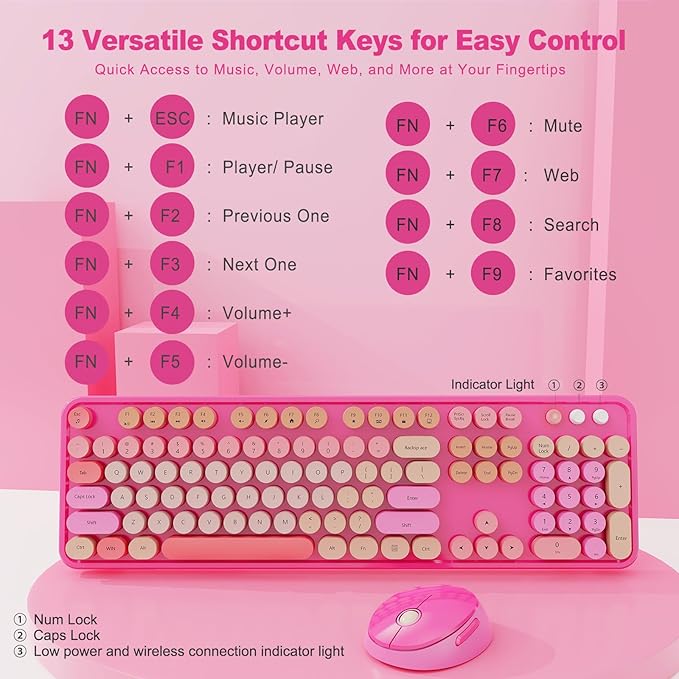 Wireless Keyboard and Mouse Combo, Retro Typewriter Keyboard with Round Keycaps, Full-Size Ergonomic, Red, Ideal for Windows PC, Home, Office, and College, Wireless Keyboard Mouse Combo