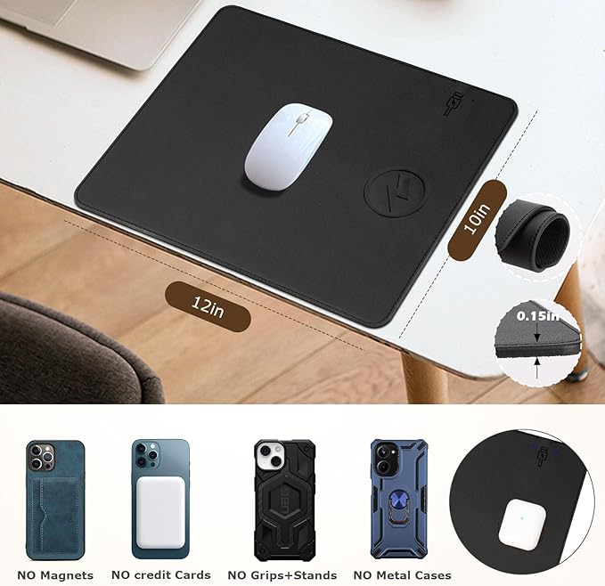 Wireless Charging Mouse Pad Firelison 2 in 1 Leather Multifunctional Office Desk Pad with Non-Slip Rubber Base, Waterproof Desk pad for Computers/Office/Work/Home/Decor（ 12" x 10"Black - R）