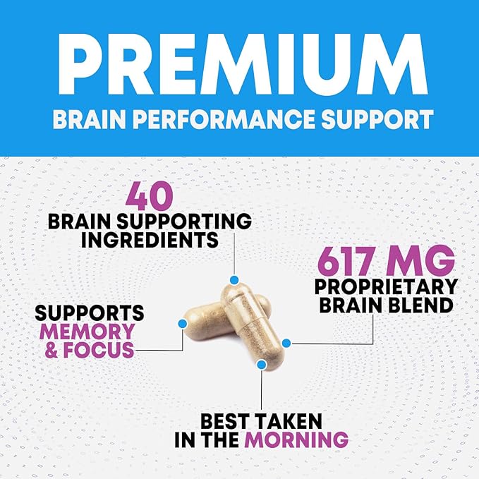 Brain Memory Supplement Pills - Nootropics Support for Concentration, Clarity, Alertness & Focus - Brain Health with Bacopa, Cognitive Vitamins, Phosphatidylserine, DMAE - Brain Booster - 120 Capsules