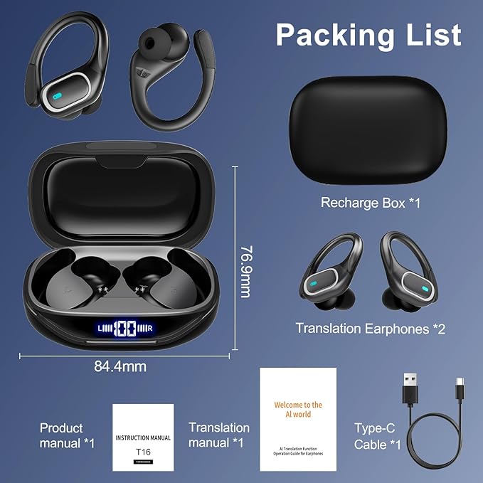 Translation Earbuds, 164 Languages Ai Translation Earbuds Real Time, Bluetooth 5.4 Translator Device,Noise Cancelling,70 Hours Battery, Translation Headphones for Travel&Business&Study, Black