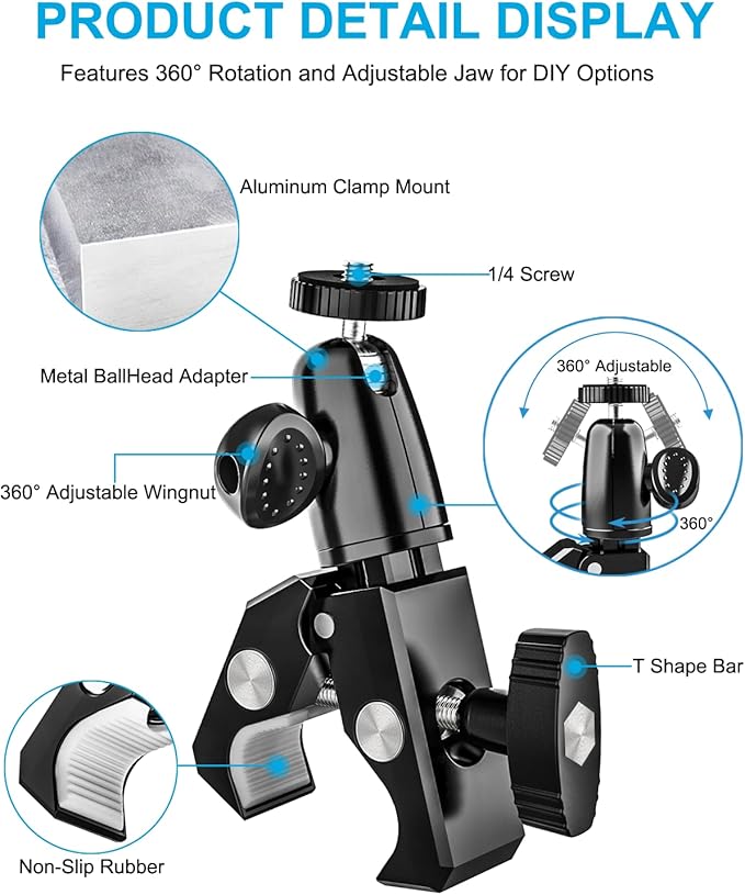 woleyi Aluminum Bike Tablet Mount Camera Clamp, Handlebar Tablet Holder for Motorcycle, Bicycle, Scooter, Stroller, Golf cart, Wheelchair for iPad Pro, Air, Mini, Galaxy, Fire, iPhone, 4.7-13" Devices