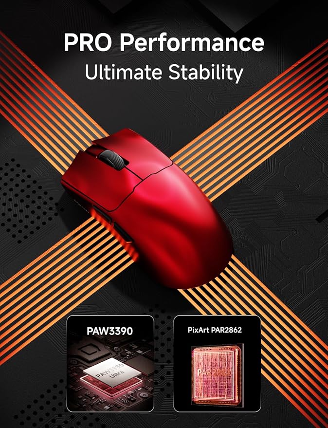 S9 Pro Wireless Gaming Mouse, 59G Ergonomic Computer Mouse, Triple Modes, 8K Polling, 26K DPI, PAW3395 Optical Sensor, Kailh Switch, 250h Battery Life, Programmable for PC/Win/Mac(Red)