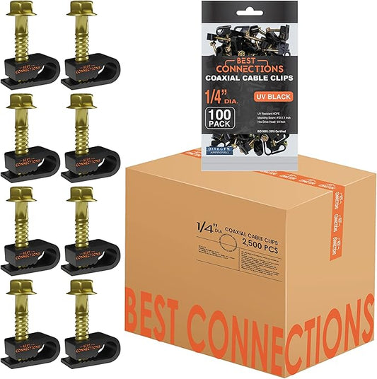 Coaxial Cable Clips with Pre-inserted Screw (2,500 Pack) – Black Single Cable Mounting Clamps for Coax Cable (RG6, RG59) and Ethernet Cable – Cord Fastener/Strain Relief Clip