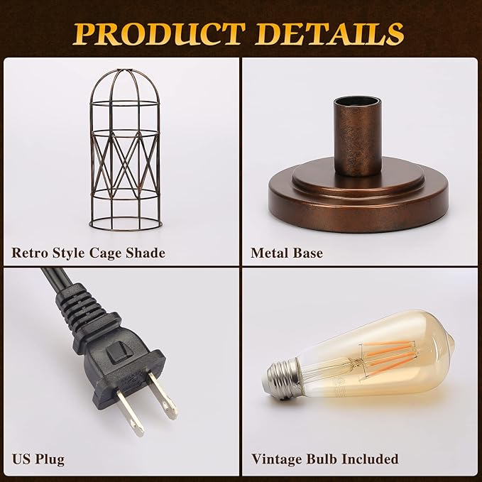 Small Touch Lamp, Industiral Bedside Table Lamps with Antique Bronze Cage, 3 Way Dimmable Nightstand Steampunk Edison Lamp for Bedroom Living Room Kitchen, LED Bulb Included