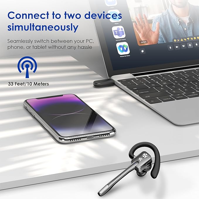 Bluetooth Headset, Wireless Bluetooth Earpiece with Dual-Mic & Noise Canceling, Single Ear Headset with Mute for Business, Remote Work, V5.3 Hand-Free Headset for iOS Android Cell Phone (Gunmetal)