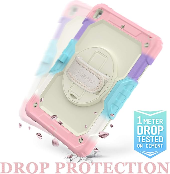 SEYMAC stock Case for iPad 9th/ 8th/ 7th Generation 10.2'', Shockproof with Screen Protector, Pencil Holder [360° Rotating Hand Strap] & Stand, for iPad 10.2 inch 2021-2019 (Yellowish+Pink)