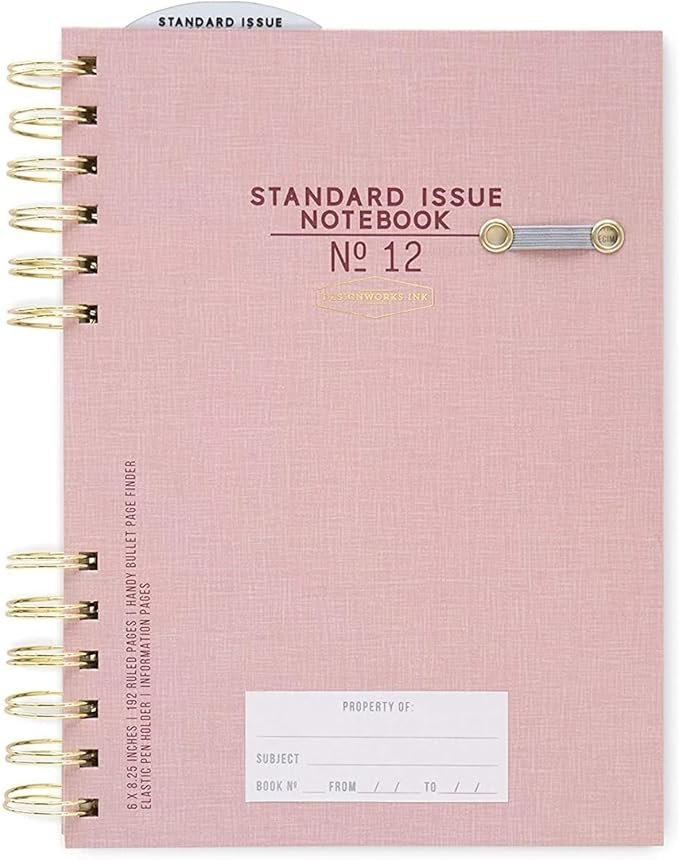 DesignWorks Ink Standard Issue Notebook No. 12 – 6" x 8.25" Undated Daily Planner & Writing Journal, 192 Lined Pages, Elastic Pen Holder, Small Spiral Notebook for Work & Journaling - Dusty Pink