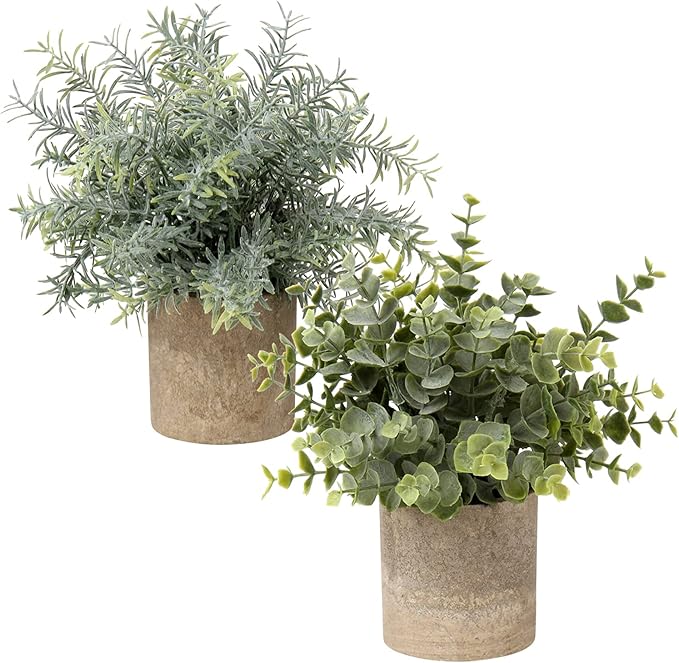 Briful Artificial Potted Plants Set of 2 Small Faux Plant Eucalyptus Mini Fake Plant Decor for Home Table Office Room Desk Bathroom Shelf Kitchen Rustic