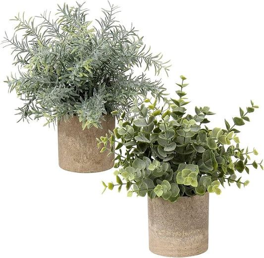 Briful Artificial Potted Plants Set of 2 Small Faux Plant Eucalyptus Mini Fake Plant Decor for Home Table Office Room Desk Bathroom Shelf Kitchen Rustic