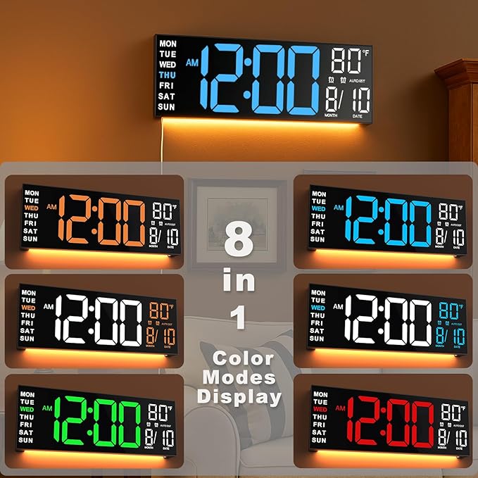 TrophyRak 16" Large Digital Wall Mount Clock, Count Down Timer, Alarm, Big LED, RGB Color, DST, Temperature for Living Room Classroom Desk, Wall, Xmas, Birthday Gift for Senior Mom Dad, Blue White