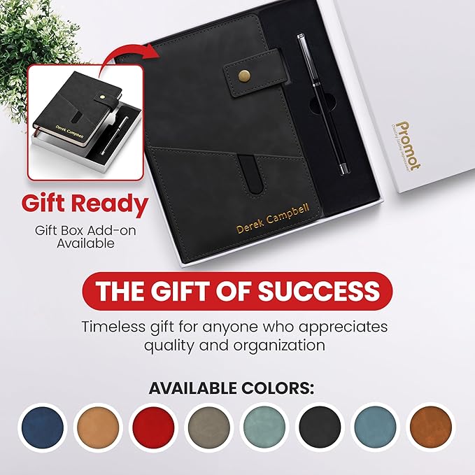 Promot Personalized Notebook - A5 Lined Leather Bound Journal for Writing Women Men - Hardcover Executive Notebook, Daily Journal, Travel Diary, Gift Idea, Custom Embossed Text with Gold Metallic Foil