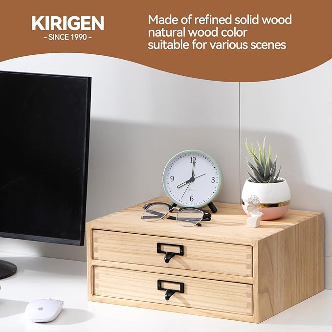 Kirigen Natural Wood Desktop Storage Cabinet -Shallow Type Drawers - Fax Stand with metal handle - Small File organizer Size 13.78"L*10.6"W*5.9"H(NA, 2-Layer &2 Drawers)