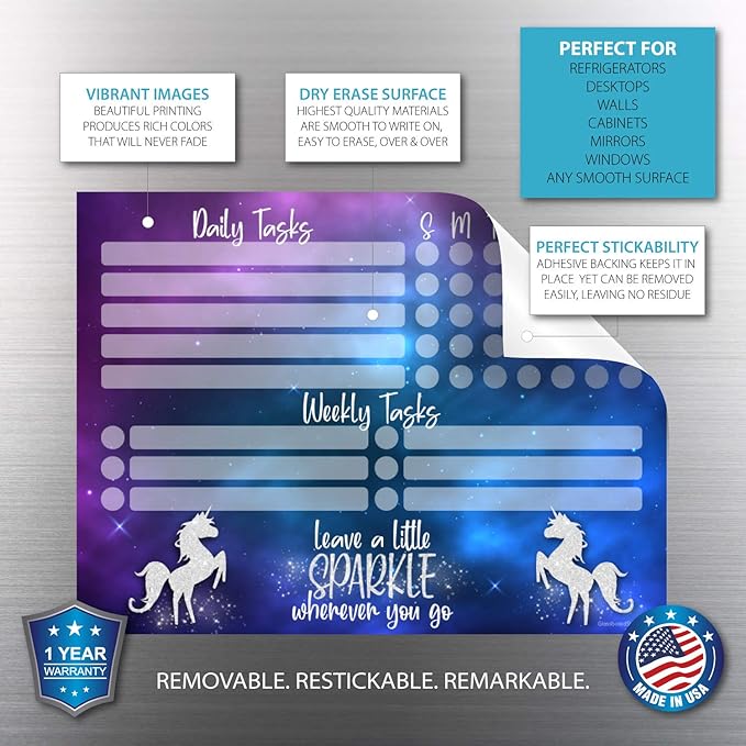 Dry Erase Whiteboard Task Planner | Removable and Restickable Adhesive Decal | Fine-Tip Magnetic Marker Included (9 x 12 inches, Unicorn Sparkle)