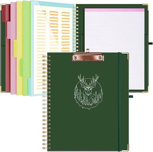 Ospelelf Clipboard with Storage 8.5 X 11，Padfolio Organizer, Spiral Portfolio Letter Size with Notepad, Pen Holder, 5 Extra Folder Divider Pages, Elastic Closure Office Essentials (Christmas Green)