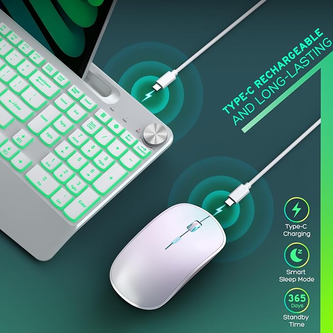 JOYACCESS Wirless Keyboard and Mouse, Ergonomic Wireless Backlit Keybaord with Phone Holder,Rechargeable Wireless Keyboard Mouse Combo with Light Up Keys for for Laptop, PC, Mac, Windows-Silver