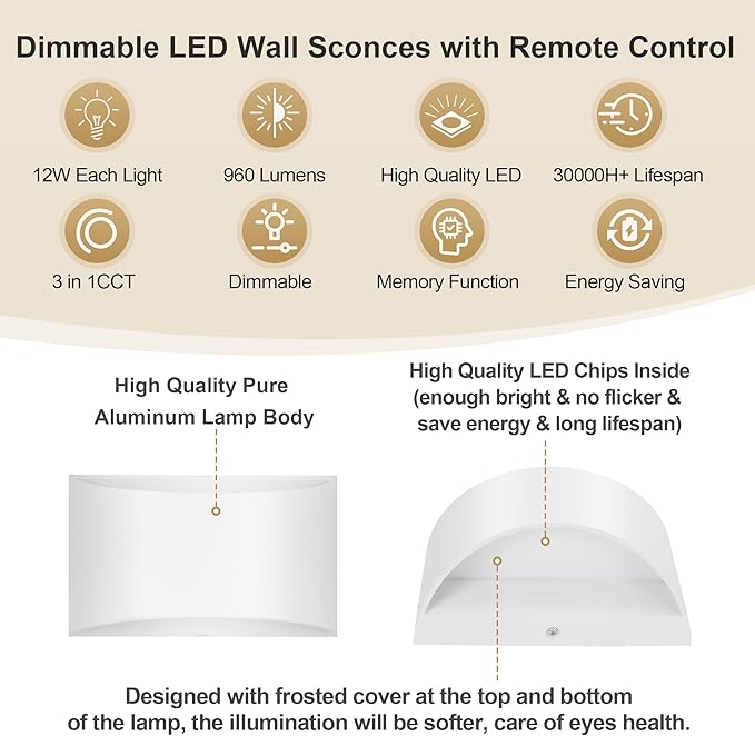 TRLIFE Modern LED Wall Sconces, Remote Control Dimmable and Adjustable Color Temperature 3000K~6000K Aluminum 12W Hardwired 120V AC Dimmable Wall Mounted Light for Bedroom Living Room(White, 2 Pack)