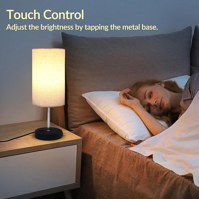 Touch Table Lamp for Bedroom, 3 Way Dimmable Bedside Lamp with USB C+A Ports and Linen Shade, Small Lamps for Night Stands Living Room Office, LED Bulb Included (Beige)