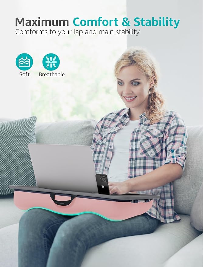 Istudyniture Lap Desk | Portable Laptop Desk & Stand – Fits Up to 17 inch – Washable Cushion, Built-in Phone Holder – for Bed, Couch, Sofa, Floor – Writing, Reading, Home Office – Large, Pink