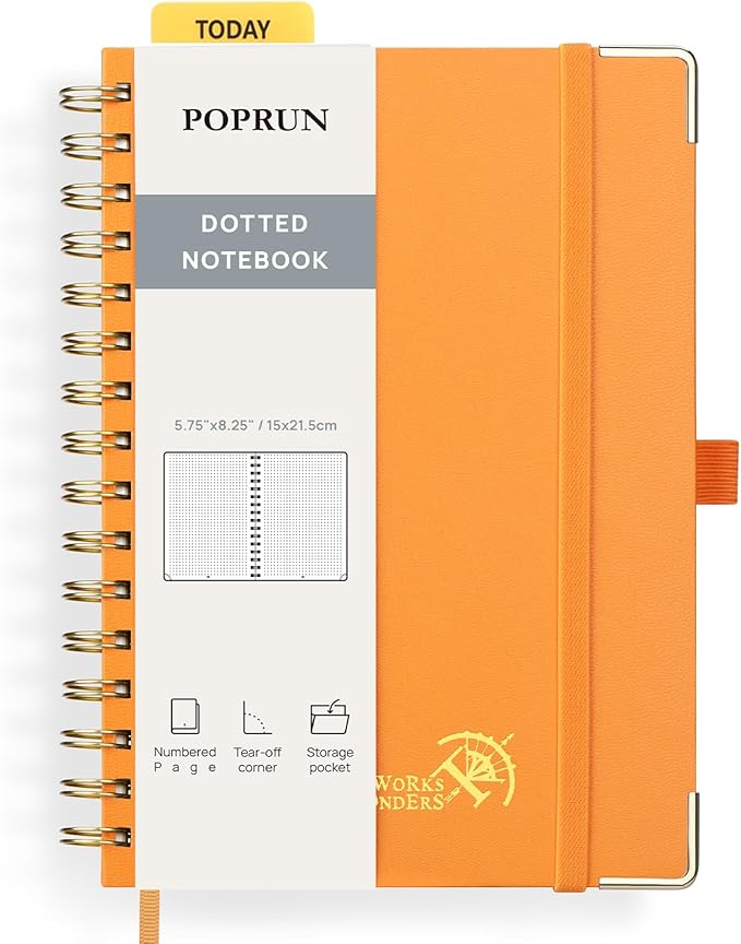 POPRUN Spiral Dotted Journal Notebook, [A5-5.75'' x 8.25''] - 120 GSM Thick Paper, 141 Numbered Pages, Hardcover for Men & Women with Pocket, Index Tabs, 8 Perforated Sheets, Orange