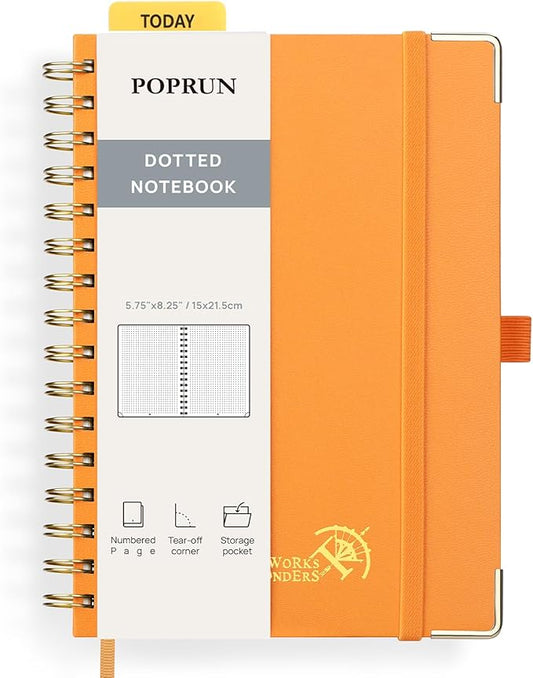 POPRUN Spiral Dotted Journal Notebook, [A5-5.75'' x 8.25''] - 120 GSM Thick Paper, 141 Numbered Pages, Hardcover for Men & Women with Pocket, Index Tabs, 8 Perforated Sheets, Orange