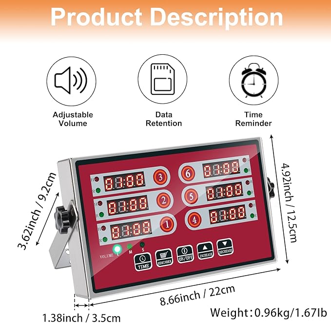 Kitchen Timers for Cooking – 6 Channel Commercial Kitchen Timer Restaurant Kitchen Supplies – Stainless Steel LED Technology Kitchen Timer Digital – Reminder Function, Loud Alarm, Red