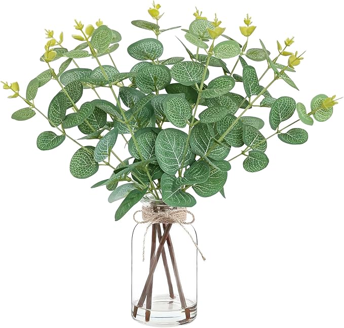 Artificial Eucalyptus Stems in Glass Vase with Faux Water,Artificial Plants Eucalyptus Leaves for Shelf Desk Bathroom Farmhouse Room Coffee Table Home Decor, Central Decoration.