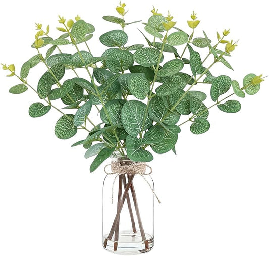 Artificial Eucalyptus Stems in Glass Vase with Faux Water,Artificial Plants Eucalyptus Leaves for Shelf Desk Bathroom Farmhouse Room Coffee Table Home Decor, Central Decoration.