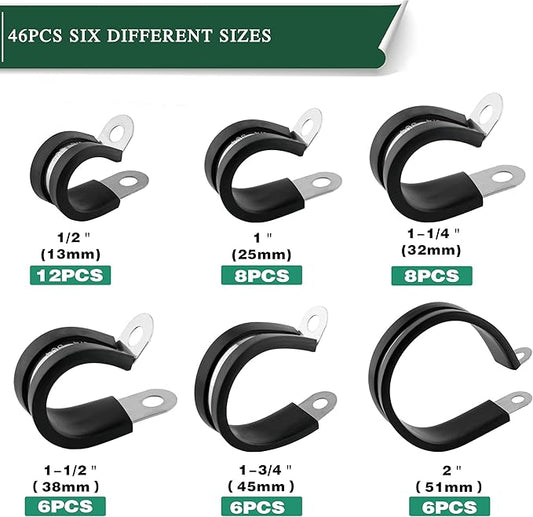 46PCS Cable Clamps Assortment Kit,Stainless Steel Rubber Coated Cushioned Insulated Cable Clamp,Automotive Wire Clamps,Pipe Clamps,Metal Clamp in 6 Sizes—1/2'' 1'' 1-1/4'' 1-1/2'' 1-3/4'' 2''