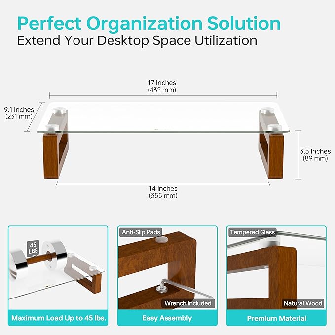 YEOUX Multi-Purpose Desktop Stand, Clear Floating Computer Monitor Riser with Natural Wood Base, Desk Organization Shelf for Printer, Laptop, Audio Device, Flat Screen