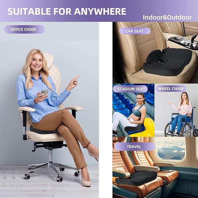 Ergonomic Memory Foam Seat Cushion for Tailbone Pain Relief –Office Chair Cushion for Coccyx, Sciatica & Pressure Relief –Large Chair Cushions for Car Seat, Wheelchair – Washable Non-Slip Cover