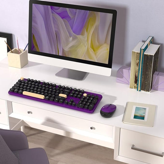 Wireless Computer Keyboards Mouse Combos, COVEVA Colorful Typewriter Retro Keyboard with Round Keycaps, USB Keyboard and Mouse Set 2.4GHz Full-Size Wireless Keyboard and Optical Mouse（Black-Purple）