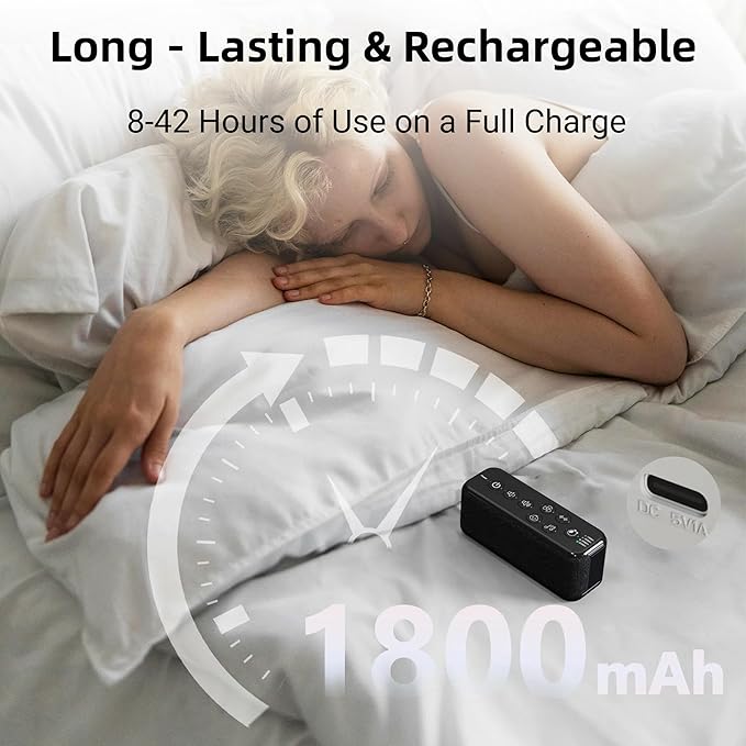 Raynic White Noise Machine, 42 Soothing Sounds Noise Machine, Rechargeable Battery Sound Machine with 8 Volumes, 5 Timers, Type-C Port, Headphone Jack for Baby, Adult, Home, Travel, Office