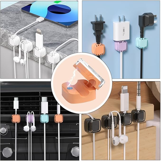 IFNOW 6 Pack Magnetic Cable Clips Cord Organizer Orange Self Adhesive Cord Holder Under Desk Cable Management for Home, Office, Car, Desk, Nightstand