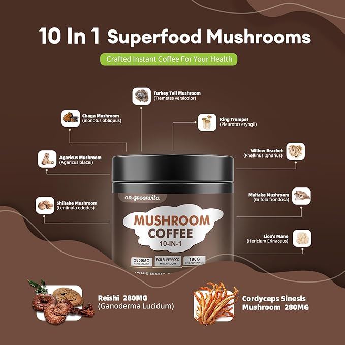Mushroom Coffee - Lions Mane Mushroom Powder Instant Coffee with Lion's Mane, Reishi, Chaga, Cordyceps, and Turkey Tail - Alternative for Energy, Mental Clarity & Focus, Brain Booster 6.35oz