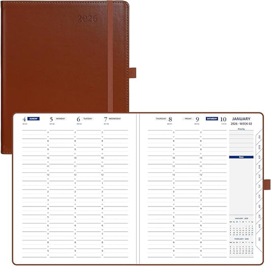 POPRUN 2026 Weekly Planner (Medium 7'' x 8.5''), 30-Minute Hourly Appointment Book (Jan 2026-Dec 2026) with Monthly Tabs, Inner Pockets, Pen Holder, PU Leather Softcover, 100GSM - Brown
