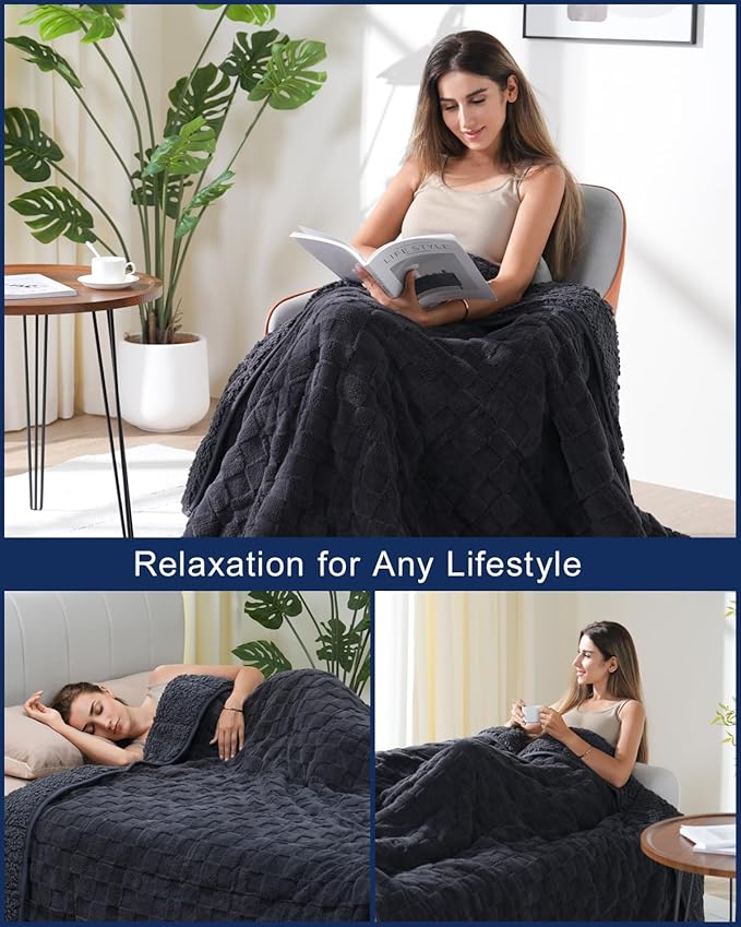 Kivik Dual Sided Weighted Blankets for Adults, Buttery Soft Stylish Checkered Heavy Blankets for Couch Sofa Bed - Ultra-Fluffy Fabric Brings Cloud-Like Comfort (48"x72", Black, 15 Pounds)