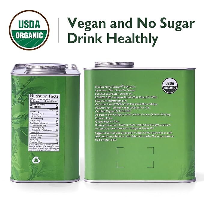 Eastsign Matcha Ceremonial Grade USDA Organic,Green Tea Powder 16oz, Premium USDA Organic Gluten Free Vegan and No Sugar,Suitable for Hot or Cold Drinks,Baking and Other Purposes(16oz)