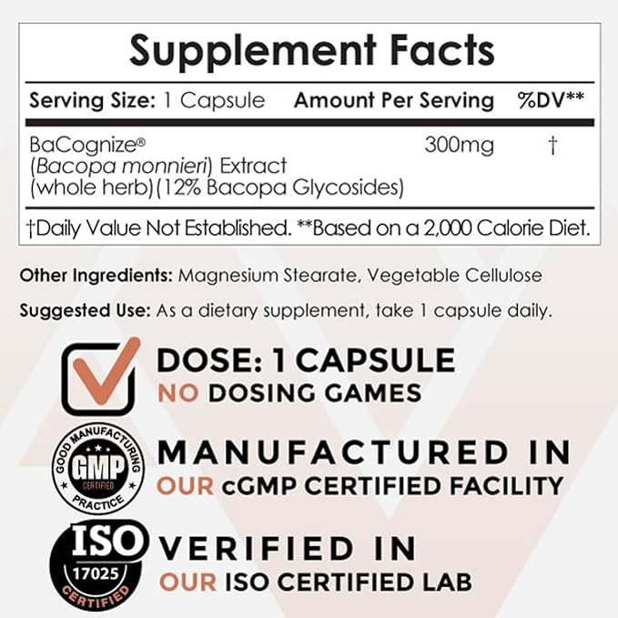 Nootropics Depot BaCognize Bacopa Monnieri 300mg Capsules (120 Count) Ayurvedic Herb Non-GMO, Gluten Free, and Vegetarian Friendly