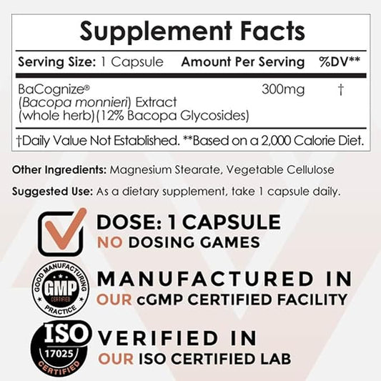 Nootropics Depot BaCognize Bacopa Monnieri 300mg Capsules (120 Count) Ayurvedic Herb Non-GMO, Gluten Free, and Vegetarian Friendly